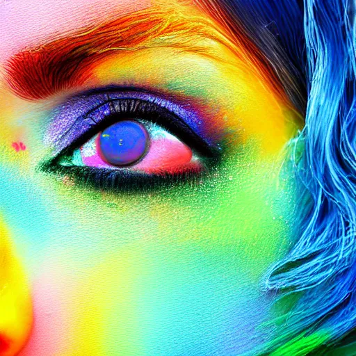 Prompt: woman crying rainbow paint, photography, ultra realistic, highly detailed, 8 k