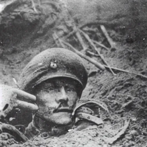 Prompt: a german world war 1 soldier in a trench staring at the camera, there are dead corpses around him, taken by a world war 1 camera.