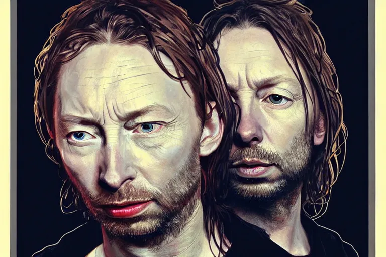 Image similar to hyper realistic portrait of wider faced thom yorke, bigger nose, on a stage, by lee bermejo, alphonse mucha and greg rutkowski