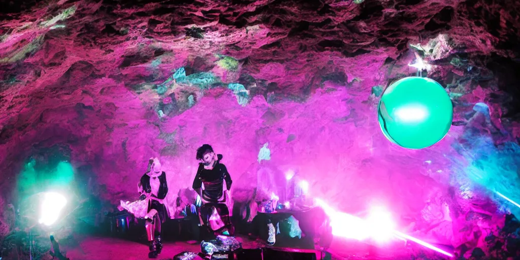 Image similar to goth disco in a cave with pink lasers and blue crystals forming a sphere of knives