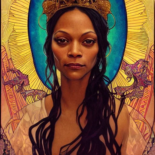 Image similar to zoe saldana portrait by louis - theophile hingre and alphonse mucha, realistic, sharp focus, zodiac signs, tarot cards, planets, ethereal, art nouveau, magic, moon, sun, crown, dreamy, royal, jewellery