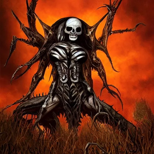 Image similar to Skull that look too much like skull!, crypt lurker!!, grasp of darkness!!!, pitchburn devils8k CG character rendering of a spider-like hunting female on its back, fangs extended, wearing a leopard-patterned dress, set against a white background, with textured hair and skin.