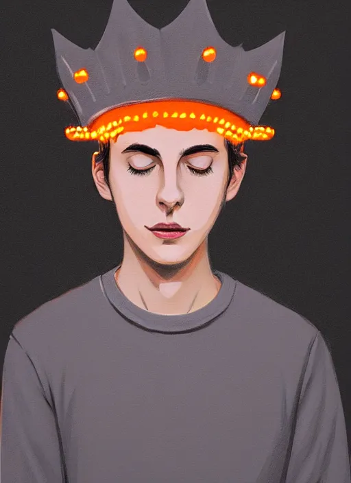 Image similar to portrait of teenage jughead jones wearing a light grey crown, symmetrical crown, sweater with picture of hamburger, eyes closed, crown, black hair, orange, intricate, elegant, glowing lights, warm lighting, highly detailed, digital painting, artstation, concept art, smooth, sharp focus, illustration, art by wlop, mars ravelo and greg rutkowski