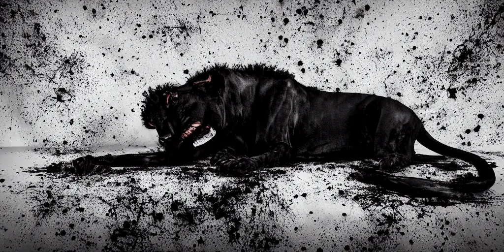 Image similar to a black lioness, made of ferrofluid, viscous, sticky, full of ferrofluid, laying on the white couch in the living room, covered with black goo. photography, dslr, realism, color, rimlight, wrinkles, reflections, animal photography, black goo