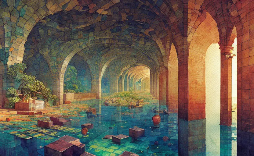 Image similar to tiled room squared waterway, aqueducts, fantasy. intricate, amazing composition, colorful watercolor, by ruan jia, by maxfield parrish, by marc simonetti, by hikari shimoda, by robert hubert, by zhang kechun, illustration, gloomy