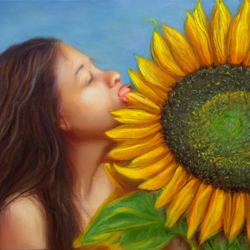 Prompt: a girl smelling one of sunflowers in an amazing tall sunflower field, hair flowing, fog, early morning lightning, subtle, intricate details, real masterpiece, oil on canvas, by somsak anong
