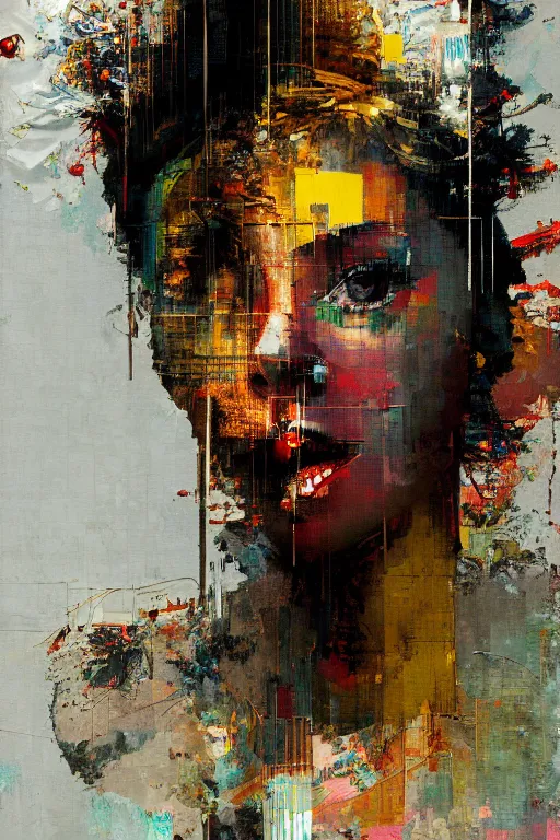 Image similar to a beautiful glitched painting by robert proch of a woman in a glitched bathroom, metal rust and plaster materials, pixel sorting, color bleeding, brushstrokes by jeremy mann, still life, dark colors