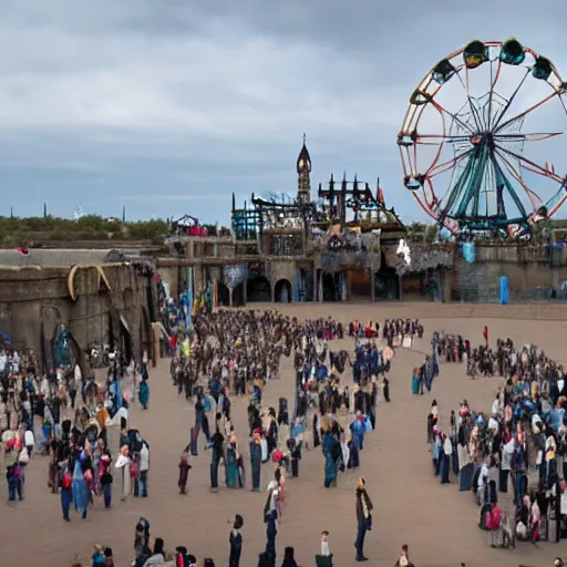 Prompt: a wide-angle aerial view photo of Dismaland Bemusement Park by Banksy, 8k, award winning photography