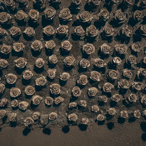 Prompt: black roses lined up on a gravel road, atmospheric light, 8 k photography
