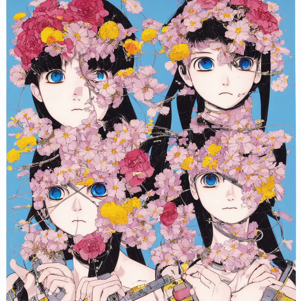 Image similar to prompt: Fragile portrait of persona covered with random flowers illustrated by Katsuhiro Otomo, inspired by sailor moon and 1990 anime, smaller cable and cryborg parts as attributes, eyepatches, illustrative style, intricate oil painting detail, manga 1980