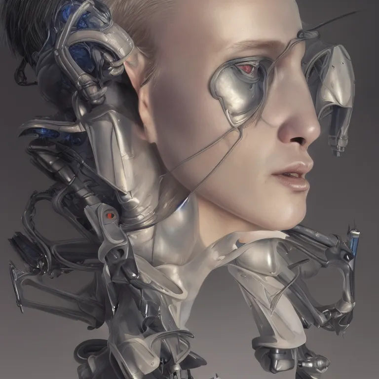 Prompt: 2 0 7 7 prototype exoskeleton portrait with ribbed jshzh face by rutkowsky and charles vess and james jean and erik jones and rhads, inspired by ghost in the shell, 3 d octane render, beautiful fine face features, intricate high details, sharp, ultradetailed, artistic photography
