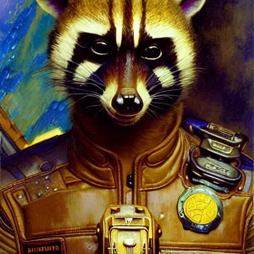 Image similar to portrait of a male rocket racoon in a police uniform. shadowrun furaffiniy cyberpunk fantasy highly detailed painting by gaston bussiere craig mullins jc leyendecker gustav klimt artgerm greg rutkowski john berkey, bergey, craig mullins, ruan jia, raymond swanland, jeremy mann, tom lovell, alex malveda