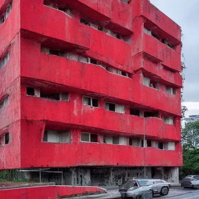 Image similar to brutalist building fully covered in thick red paint