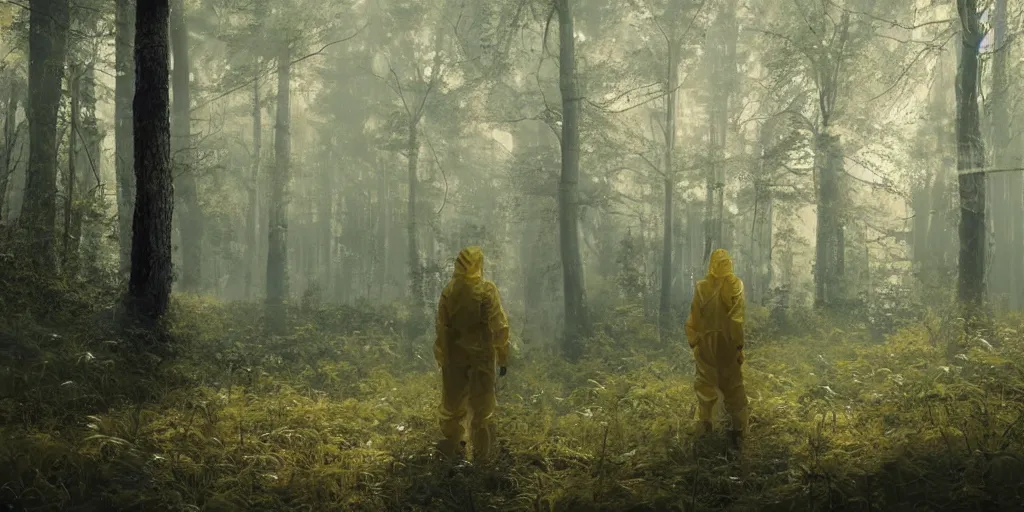 Image similar to a mysterious man in a yellow hazmat suit stands in a detailed fantastic forest, painting, concept - art, rendering, octane, redshift, cinematic composition, volumetric lighting