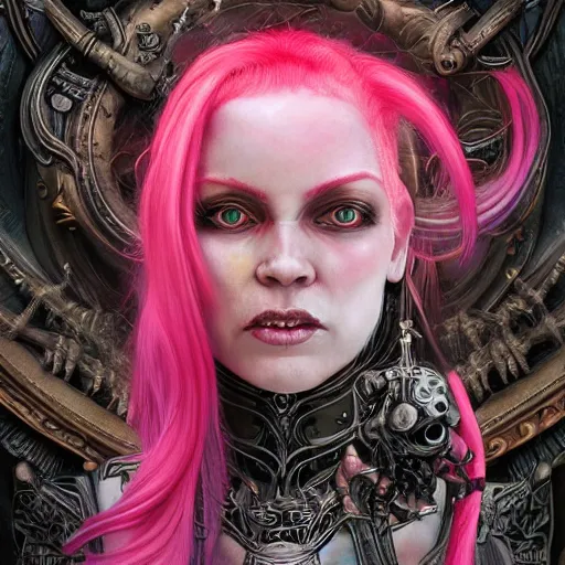 Image similar to a character portrait of a slyly grinning demoness with long pink hair, pointed ears, in modern casual clothing, in front of an intricate detailed of an alien world, by dorian cleavenger, greg rutkowski, wlop, astri lohne, zdzisław beksinski trending on artstation