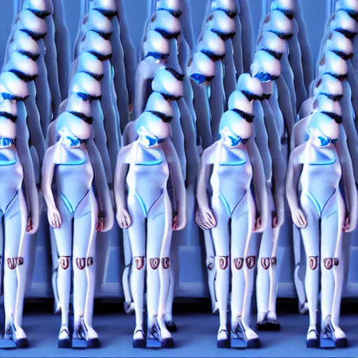 Prompt: troop of cloned women with white bob hairdos, extra limbs, tight light blue neopren suits, futuristic production facility, sci - fi, highly detailed, cinematic