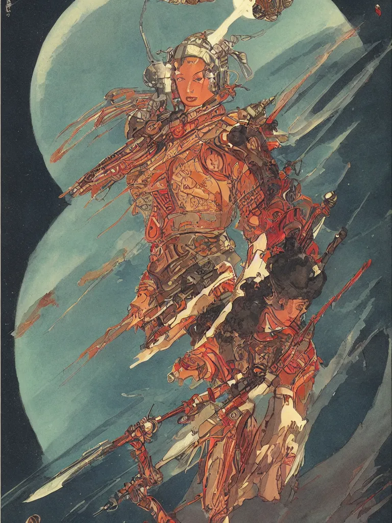 Image similar to on a strange vintage scifi planet, a samurai wizard warrior goddess with sword, vintage scifi poster, winslow homer, moebius, roger dean, artstation