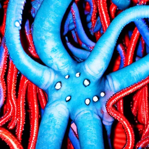 Prompt: cold blue flesh in storage being guarded by red tentacles under fluorescent light, nightmare, horror,