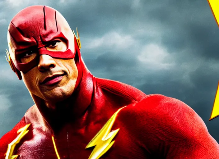 Prompt: film still of dwayne the rock johnson as the flash in the new flash movie, 4 k