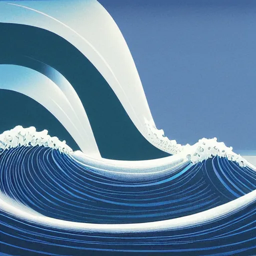 Image similar to waves crashing on the shore, shades of blue, by eyvind earle