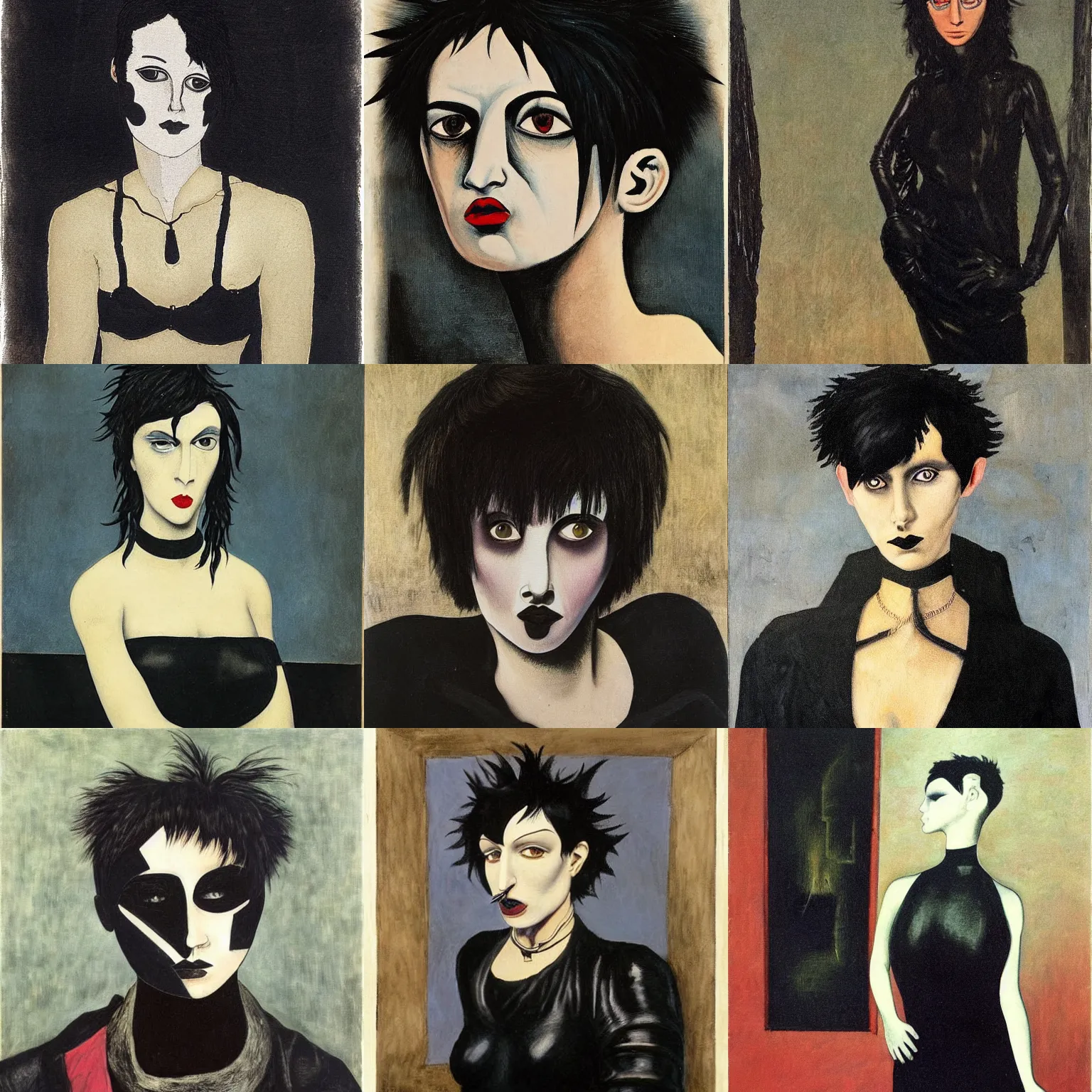 Prompt: A goth painted by Max Ernst. Her hair is dark brown and cut into a short, messy pixie cut. She has a slightly rounded face, with a pointed chin, large entirely-black eyes, and a small nose. She is wearing a black tank top, a black leather jacket, a black knee-length skirt, a black choker, and black leather boots.