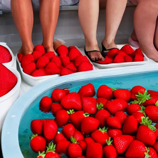 Prompt: women bathing in a bath full of strawberries, no water, only strawberries