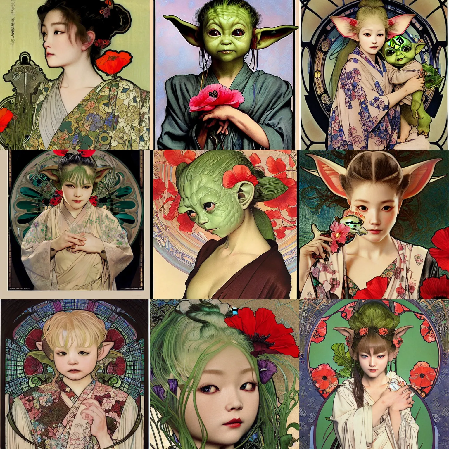 Prompt: realistic detailed face portrait of baby yoda in a beautiful kimono with poppies by alphonse mucha, ayami kojima, amano, greg hildebrandt, and mark brooks, art nouveau, neo - gothic, gothic