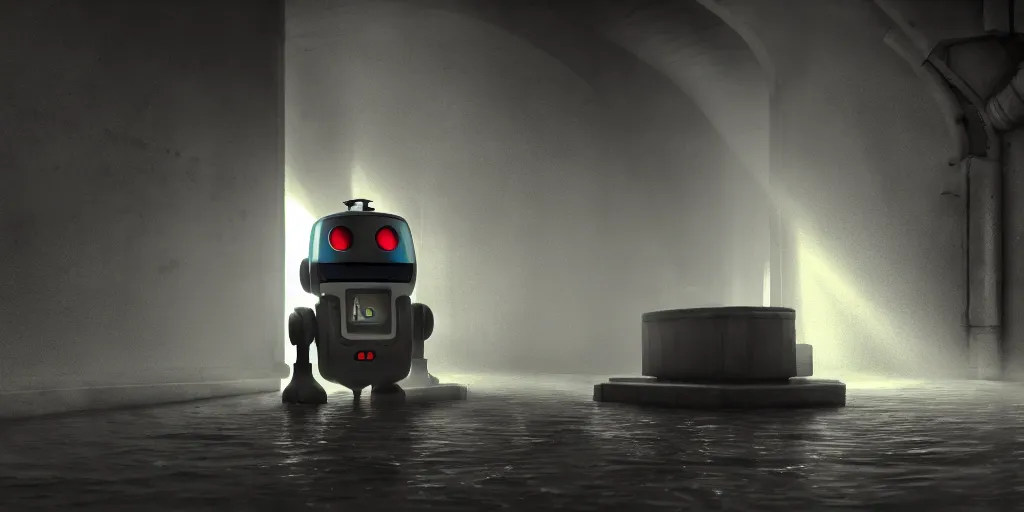 Prompt: Photo of a lonely robot in the sewers, rays of light, hyperrealism, atmospheric, trending on artstation, trending on deviantart, deviantart