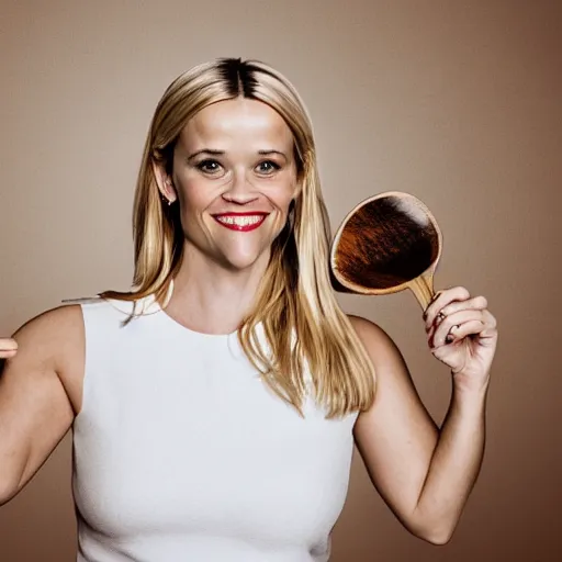 Prompt: reese witherspoon, holding a spoon, wooden spoon, cutlery, photography, smiling, portrait, soft focus