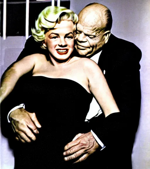 Image similar to Don Rickles hugging marlin monroe, color photo,