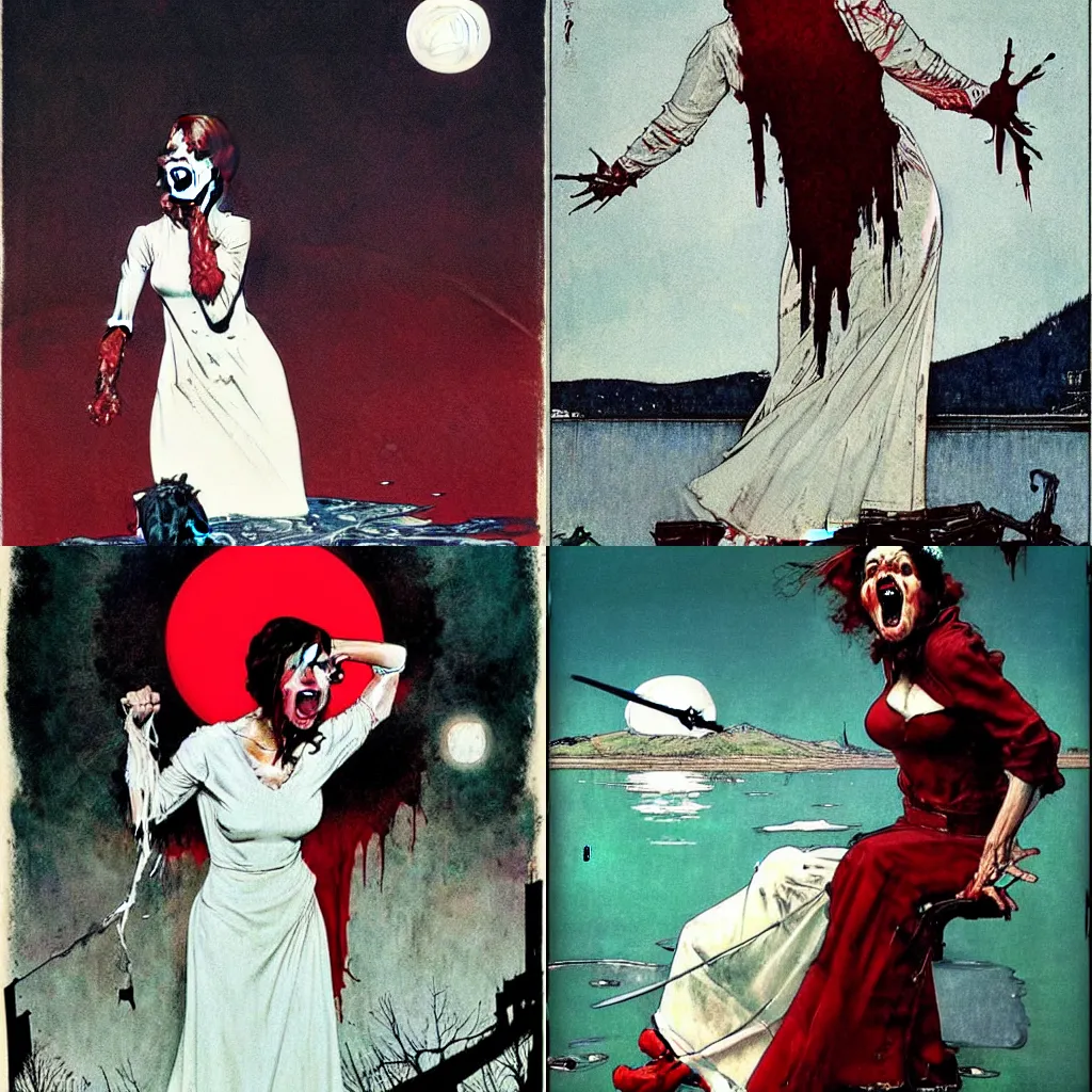 Prompt: style of Norman Rockwell and Rafael Albuquerque comic book art, female ghost with white dress floating over a lake, ghastly scary horrible witch look on face, screaming angry, extremely long nails, red, floating over a lake, night time, dark, full moon, scary terrifying horror