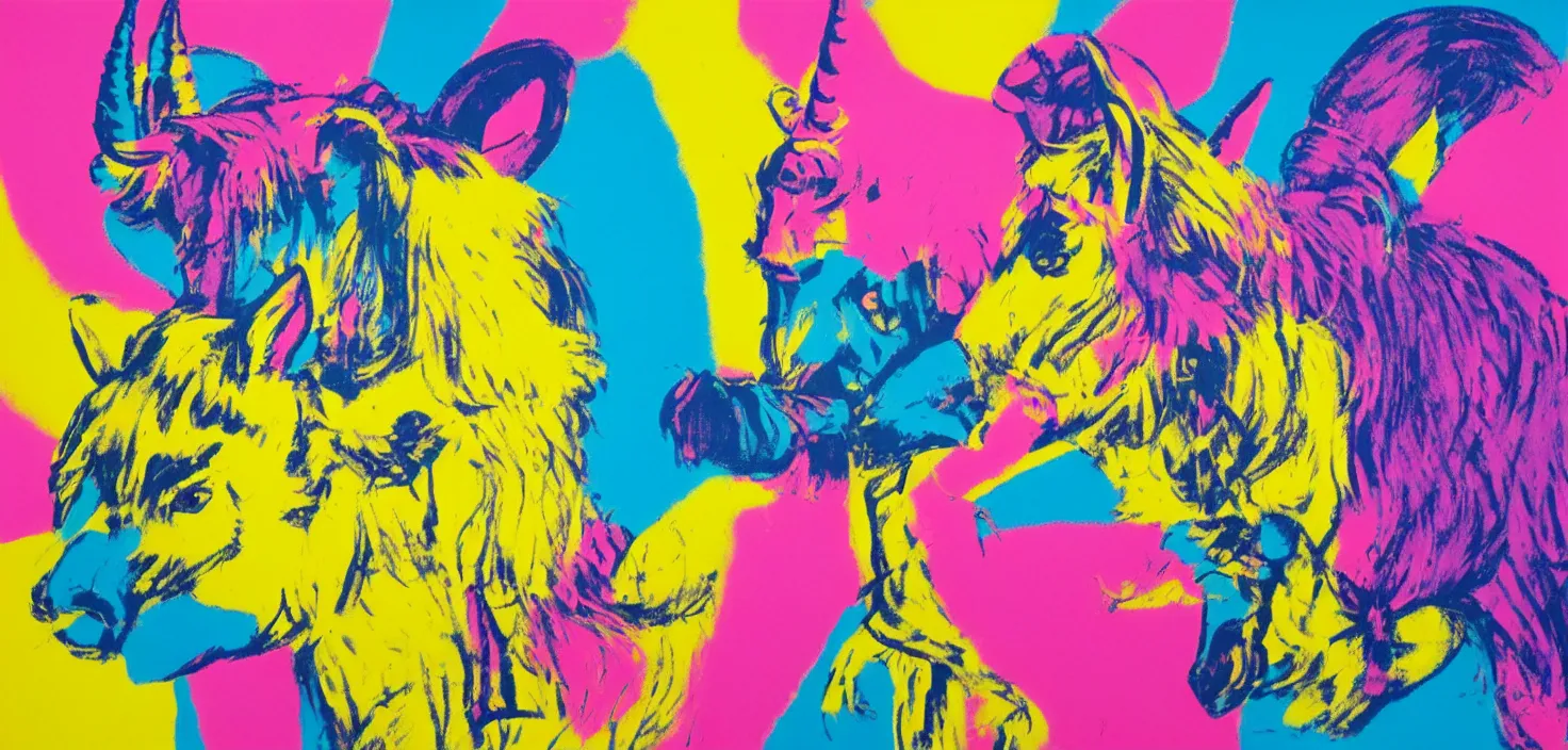 Image similar to a unicorn and a mouse on a sugar rush, colourful, bright, cheery, andy warhol, ralph goings