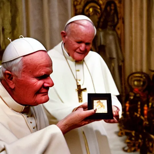 Prompt: john paul ii admiring a yeezy shoe sneaker which he holds in his hands