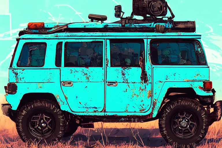 Image similar to digital illustration of a futuristic faded cyan mad max's fj 4 0 decrepit!!!! pursuit special, rusty!!! cyberpunk nissan fj cruiser heavily modded 1 9 9 0 s, the last v 8 interceptor by makoto shinkai, ilya kuvshinov, lois van baarle, rossdraws, basquiat