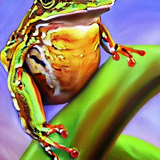 Image similar to beautiful oil painting of a common frog on a tree, sunlight, award - winning, matte,