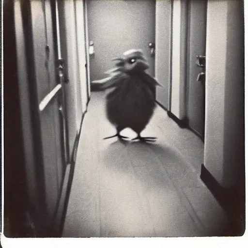 Image similar to A creepy polaroid photo of Big Bird chasing you down a hallway