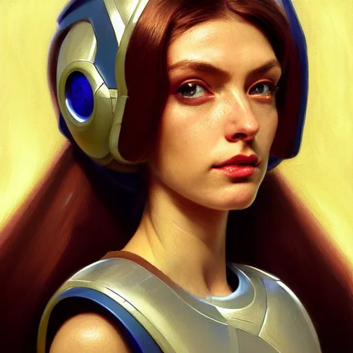 Image similar to head and shoulders portrait of a female Megaman semirealistic, digital illustration, dark fantasy, medium shot, intricate, elegant, highly detailed, digital painting, volumetric light, artstation, concept art, smooth, sharp focus, illustration by Sachin Teng, armor by Donato Giancola, face by Gil Elvgren, paintstrokes by Greg Manchess, background by Alphonse Mucha