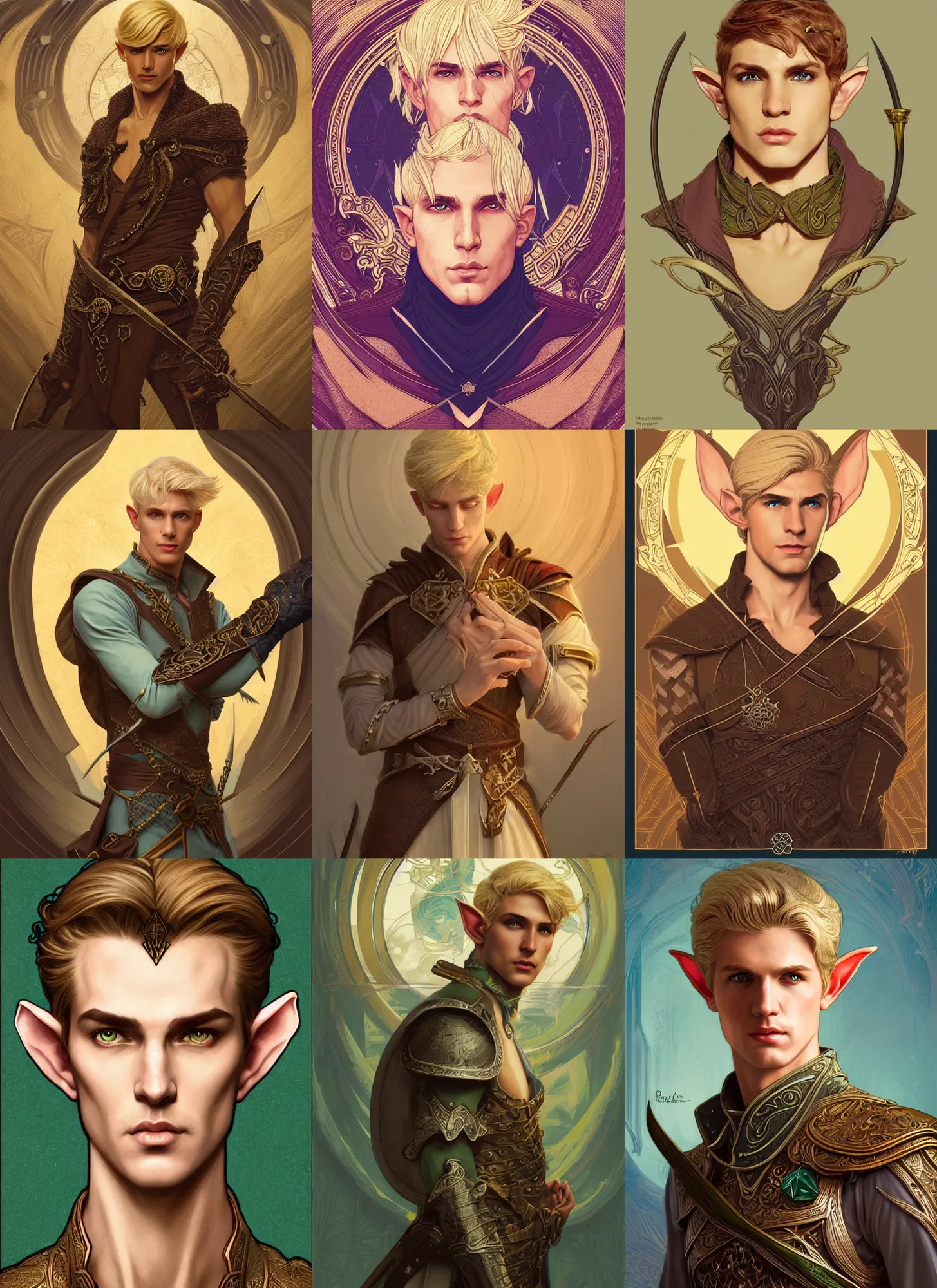 Prompt: centered portrait, male D&D Elf Ranger, blonde hair, Art Nouveau, tarot card background, retro Fantasy hero 1985, intricate, elegant, highly detailed, centered, digital painting, trending on artstation, concept art, smooth, sharp focus, illustration, art by raphael lacoste, eddie mendoza, Mucha, alex ross, WLOP