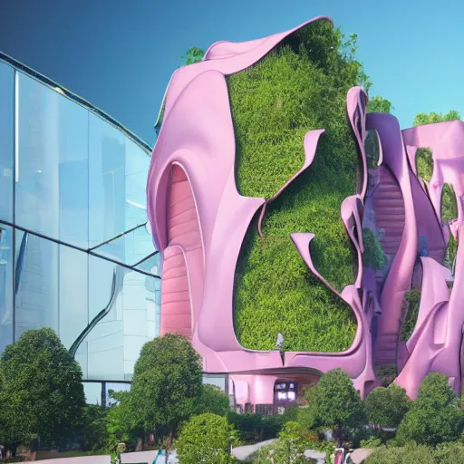 Prompt: metallic building eco - friendly city designed by zaha hadid with gleaming pink walls and dripping with vines, glowing led trim and hexagonal windows and bands of gold, extremely lush landscape and florals, foggy atmospheric building rendered in blender with ray tracing