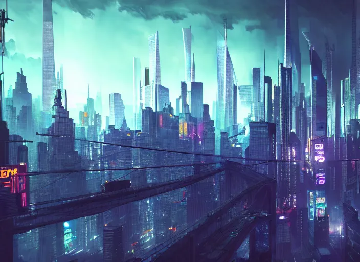 Image similar to cyberpunk scifi scene of new york skyline at night, artstation, matt painting, very detailed, maximalism, ambient occlusion, volumetric light, atmospheric haze, unreal engine, hyper realism, realistic shading, cinematic composition, realistic render, greenish tint, octane render, detailed textures, photorealistic, wide shot