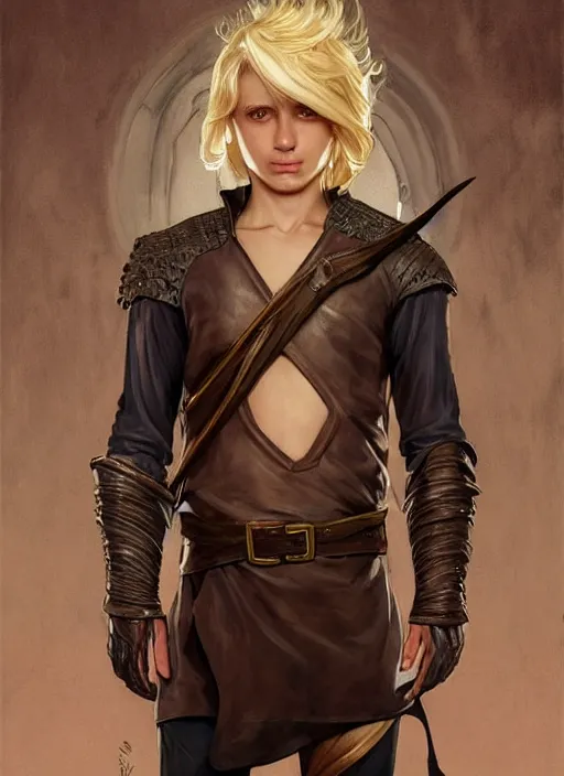 Prompt: an epic fantasy comic book style full body portrait painting of a young blonde boy who is over confident, wearing plain brown leather thief clothes, d & d, fantasy, intricate, elegant, highly detailed, digital painting, artstation, concept art, matte, sharp focus, illustration, art by artgerm and greg rutkowski and alphonse mucha