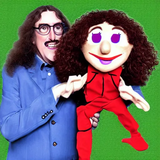 Prompt: weird al with a ventriloquist puppet of himself