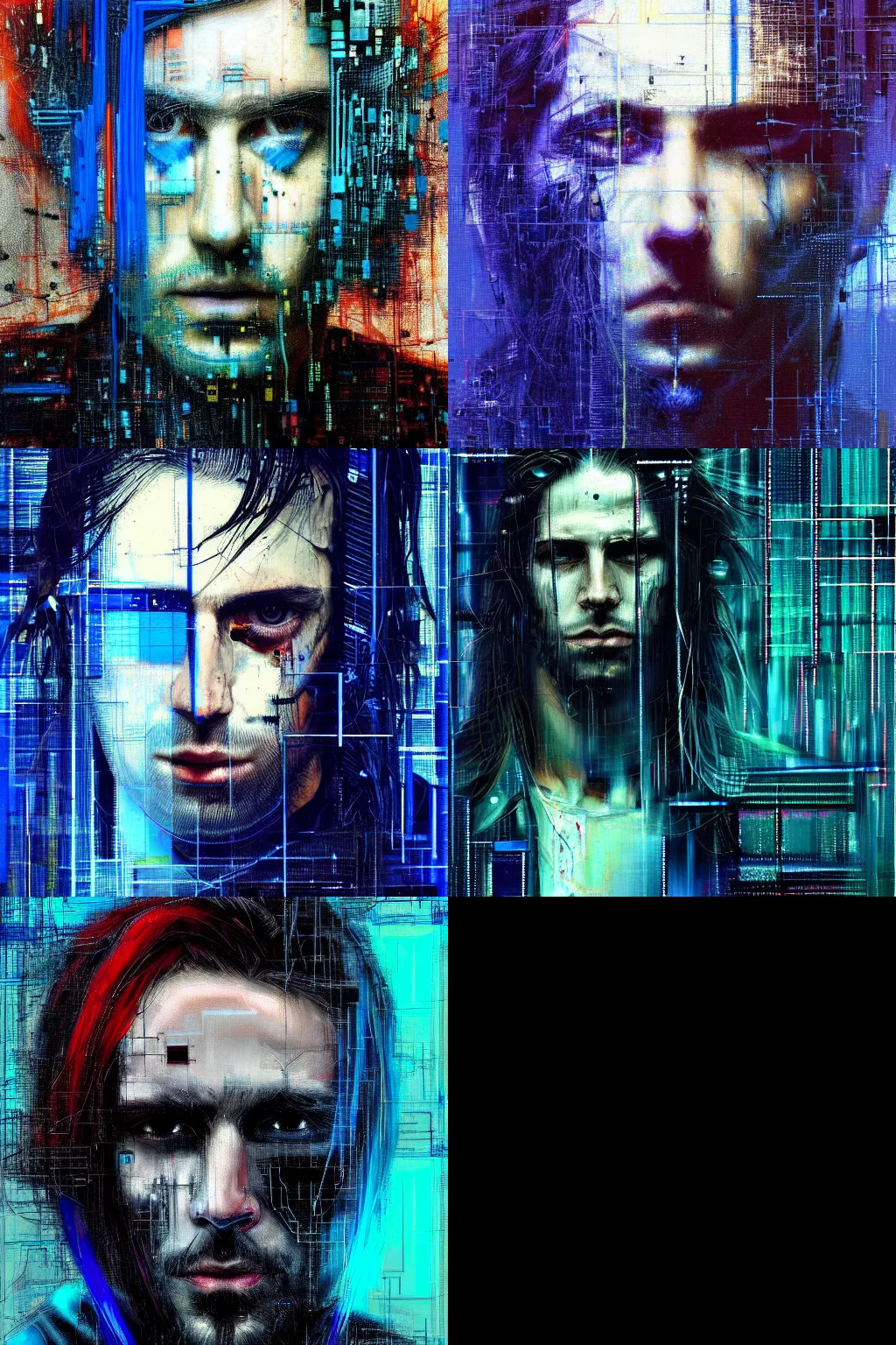 Prompt: hyperrealistic portrait of a cyberpunk man, long hair, by Guy Denning, Johannes Itten, Russ Mills, glitch art, glitch eyes, complex, hacking effects, glitch effects, looking straight, digital tech effects, cybernetics, detailed lines, chromatic, color blocking!, oil on canvas, highly detailed, symmetrical, octane, concept art, abstract, blue and black, 8k, cinematic, trending on artstation