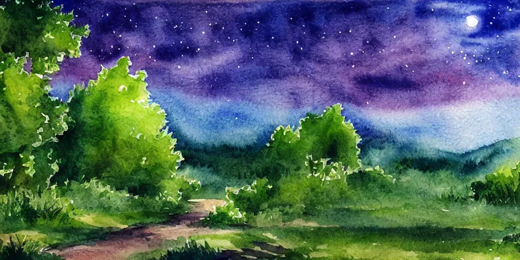 Image similar to nighttime nature landscape, lush, rich greenery, watercolor, ultra realistic, highly detailed, hd, sharp focus, warm colors, realistic, vivid colors, painting, non blurry, sharp, smooth, illustration