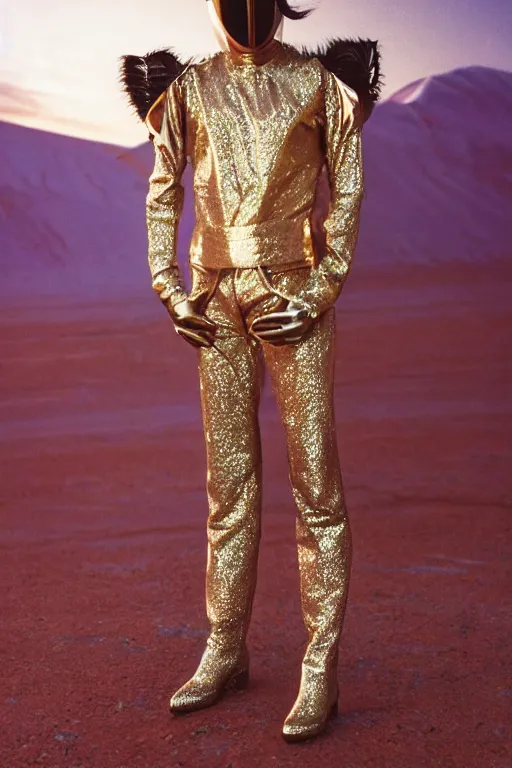 Image similar to portrait davis taylor brown dressed in 1 9 8 1 space fantasy fashion, avante garde, shiny metal, standing in a desert