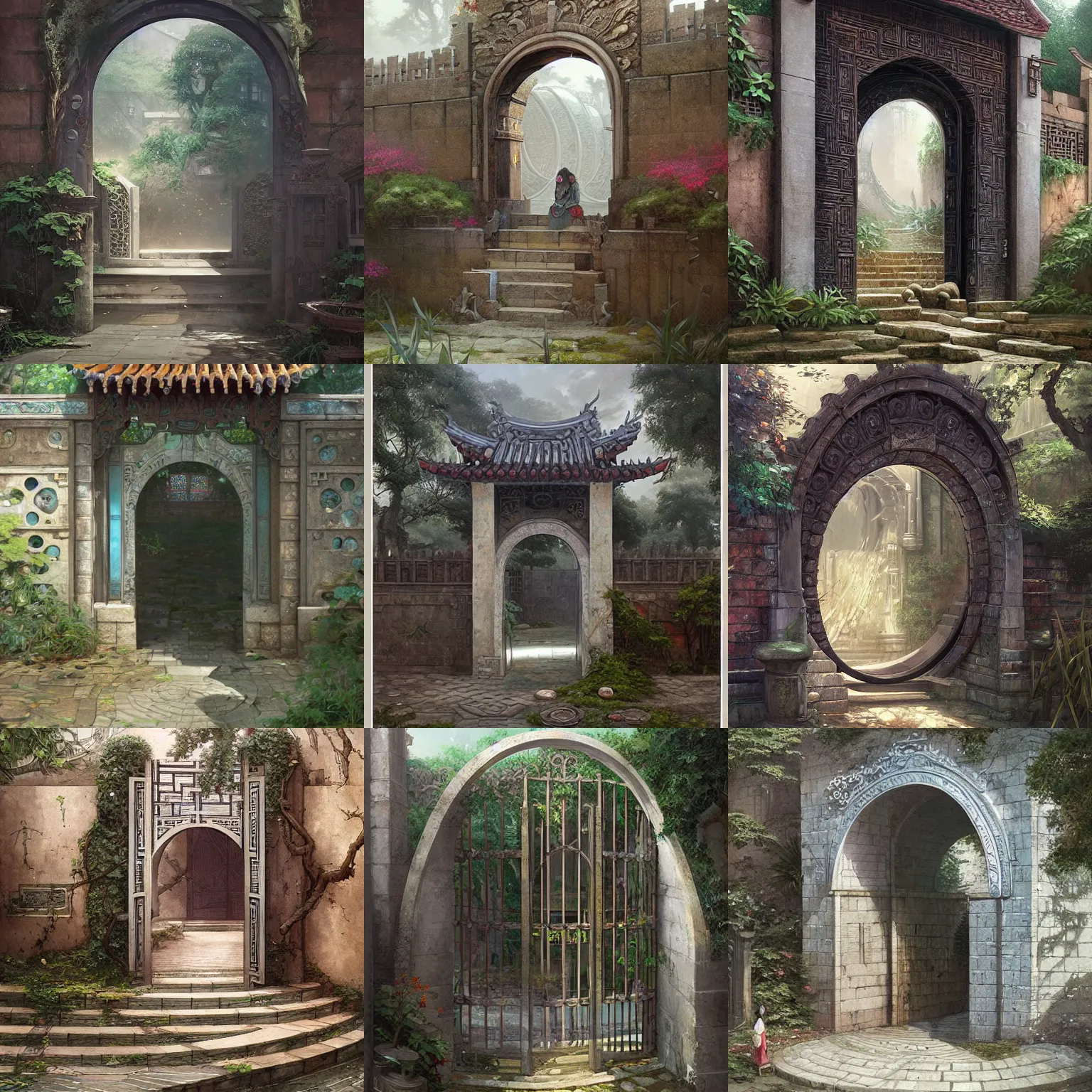 Prompt: circular gate in a wall, leading to a garden. chinese architecture. fantasy. detailed. smooth. sharp focus. trending on arstation. artist greg rutkowski.