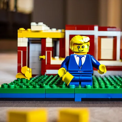 Prompt: lego donald trump leaving mar - a - lago with cardboard boxes, lego, macro shot, wide shot,