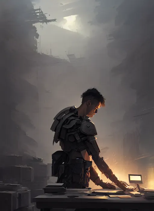 Image similar to epic wounded armored employee with so many paper in front of computer. highly detailed, digital painting, concept art, smooth, sharp focus, illustration, art by greg rutkowski