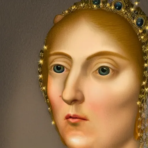 Image similar to detailed renaissance style portrait, donald trump as a royal woman during the renaissance, she is wearing pale makeup with light pink cheeks, the overall vibe is very emotionless and empty