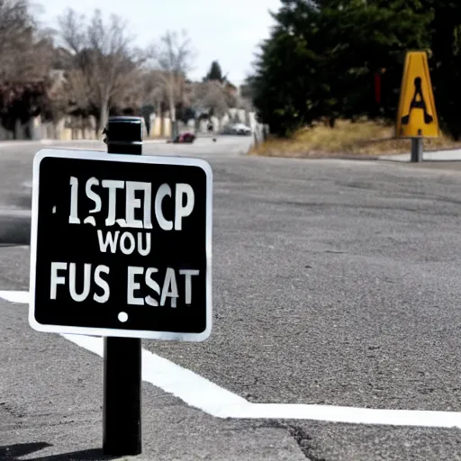 Prompt: a street sign warning furries that they will be arrested, sad furry looking at it